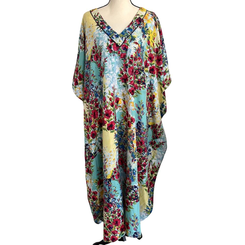 Vintage 80's Winlar Satin Asian Garden Floral Caftan Mumu Kimono Maxi Dress OS